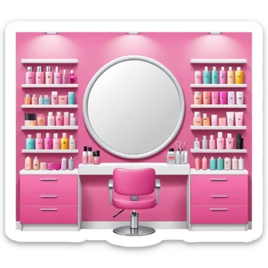 big beauty salon showcase with well-organized brand-labeled beauty products on a white shelves, emoji style, with a nearby hairstylist chair in pink color and a big mirror, adjusted mirror size sticker