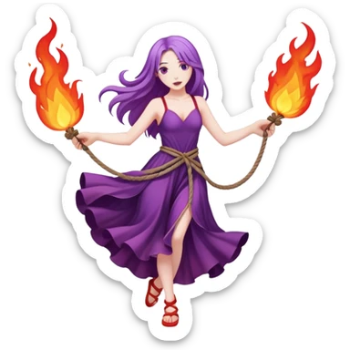 Full body two rope on fire dance performer pale skin with long purple hair red dress sticker