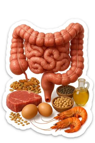 carne, uova, semi oleosi, legumi, crostacei insieme ad INTESTINO umanO realisticO, iperrealistici 4k sticker