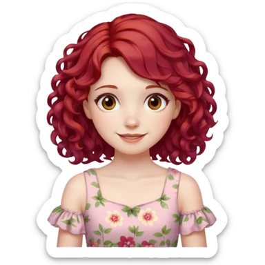 girl with shoulder length curly cherry red hair with brown eyes and pale skin smiling. pastel dress sticker
