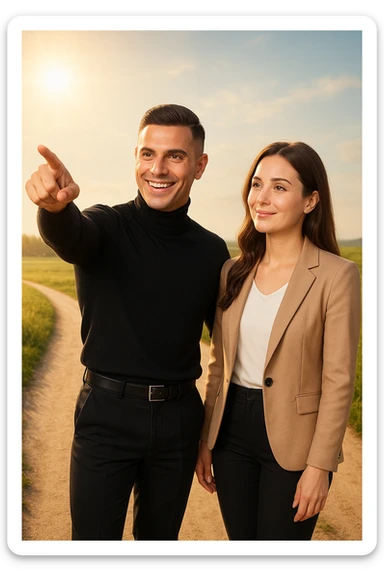a man stands confidently at a crossroads, pointing toward a clear path ahead. Beside him, a woman looks at him con fiducia e serenità, pronta a seguirlo. Entrambi sono ben vestiti e sorridenti, immersi in un paesaggio luminoso che simboleggia nuove opportunità e un viaggio condiviso. sticker