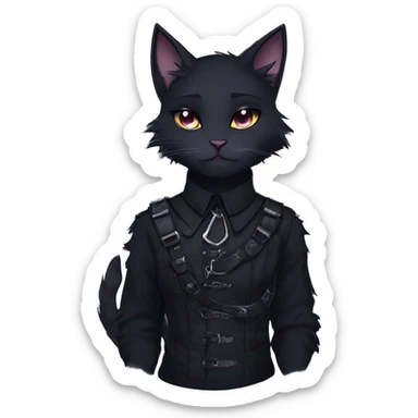 Gorgeous furry gothic dark techwear anime style anthro black cat furry sona with blushing face aesthetic and pretty edgy black with collar and harness trending style sticker