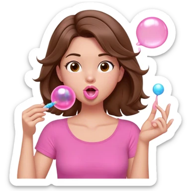 A digital illustration of a cartoon-style woman with shoulder-length brown hair, wearing a pink shirt. She is blowing a pink bubble gum bubble while playfully twirling a strand of her hair with her fingers. Her facial expression is relaxed and carefree. The background is plain white *3d emoji* sticker