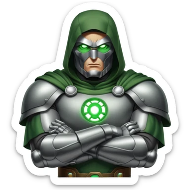 Doctor Doom with arms crossed and green glowing eyes sticker