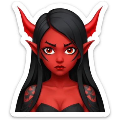 Full red-skin demon girl (entire body red), long black hair, small red horns, pointed ears, single bat wing, black open-back dress, bold tattoo-flash comic linework, red/black/gray, dark background, no text. sticker