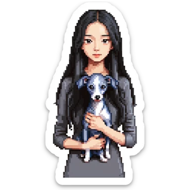 Slim Chinese girl with long black hair holding completely solid grey Italian greyhound with absolutely no white markings anywhere sticker