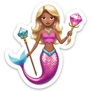 Brown skin blonde hair barbie mermaid with pink diamond tail and wand  sticker