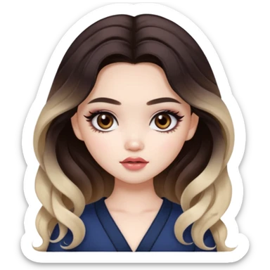 pale skin, girly bratz ASIAN vietnam baddie, beautiful dark brown eyes, pretty makeup, long dark to light ombré colored hair, wavy hair sticker