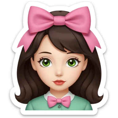 apple style emoji of a coquette girl with midi dark brown slightly wavy hair, bright skin, greenish hazel eyes, small cute lips, with a cute hair bow and soft makeup sticker