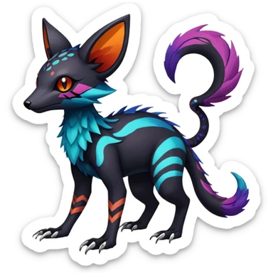 Rare realistic exotic edgy dark gothic gloomy epic pretty beautiful handsome gorgeous aesthetic colorful vibrant Vernid-Trico-species-Fakemon-creature by LiLaiRa, 4 legs, 1 tail, random markings, (full body) sticker