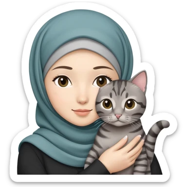 Asian White girl wearing hijab holding a black grey tabby cat sticker