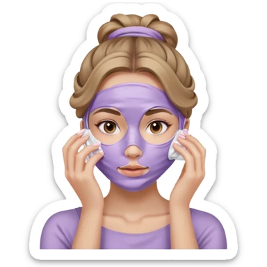 caucasian girl with long wavy dark blonde hair in messy bun applying lilac skincare mask covering entire face sticker