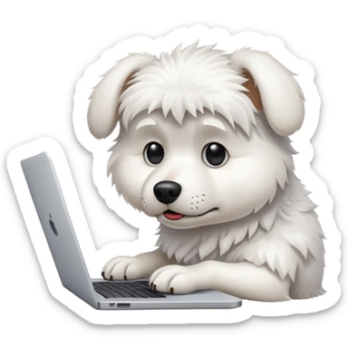 A busy white dog typing on a laptop looking stressed and overwhelmed sticker