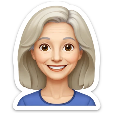 "- Nữ
- 65 tuổi
- Da trắng
- Tóc ngang vai, xoăn nhẹ
- Mặt cười tươi, vui vẻ, mắt màu đen sticker