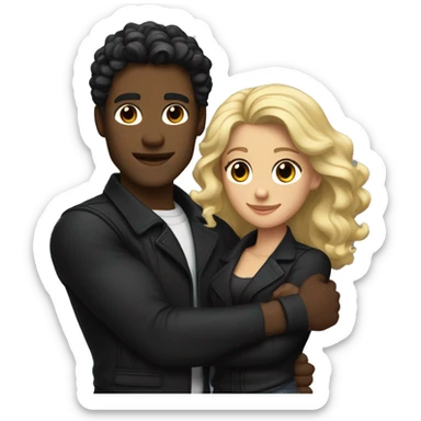 A muscular, well-shaped, slightly dark-skinned man with wavy hair and a black jacket. and a woman with light blonde and black hair hugging him. sticker