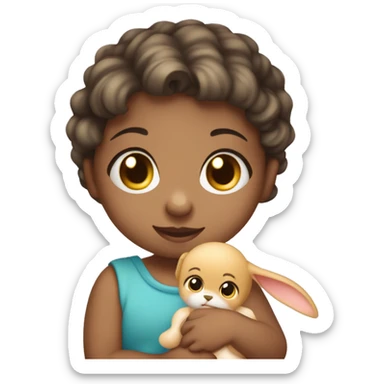 Niña 18 meses, con chupete y con un conejo de trapo en la mano sticker