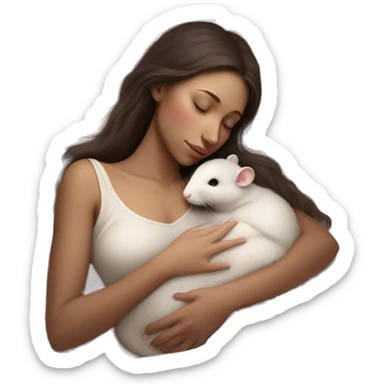 tan skinned white woman with dark brown hair peacefully sleeping and cradling a small delicate white rat with pink eyes in her hands resting it close to her chest. serene and dreamy atmosphere style is soft and realistic sticker