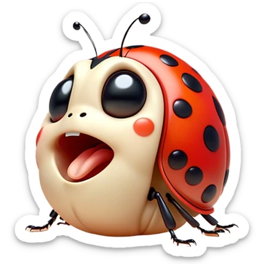 Cinematic Adorable Yawning Ladybug Portrait Emoji, Head tilted slightly with a dramatic, wide-open yawn, showcasing a small, rounded form with softly drooping wings and sleepy, half-closed eyes, Simplified yet irresistibly cute features, highly detailed, glowing with a soft, cozy red glow, high shine, relaxed yet expressive, stylized with a dash of whimsical nature charm, soft glowing outline, capturing the essence of a drowsy ladybug that appears ready to stretch and yawn its way out of the screen! sticker