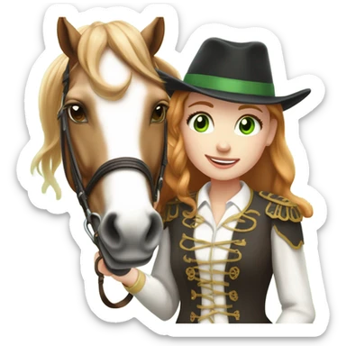 Extremely attractive and feminine white teen girl with green eyes and medium length strawberry blonde hair wearing traditional English riding attire giving a treat to a brown and white paint horse sticker