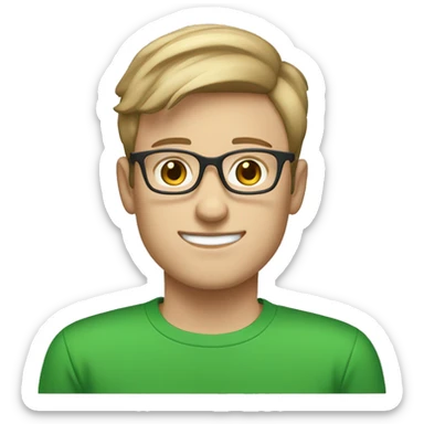 white young man with blue eyes and light brown hair and square glasses wearing green t-shirt using laptop sticker