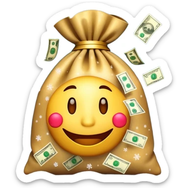 3D emoji style, money bag with dollar bills, New Year theme, snow particles, festive lighting, rich vibe, high detail, transparent background

 sticker