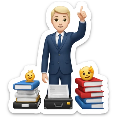 man standing on a pile of paperwork, raising a thumb up emoji sticker