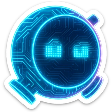 Transform the friendly robot from Main Assembly into a cyberpunk, holographic style with glowing neon blue and pink edges, circuit patterns throughout the entire robot, and a transparent background. Maintain the recognizable round robot shape and friendly face, overlaying neon and circuit effects in the same futuristic, clean style as previous cyberpunk icons. The whole robot should have a consistent cyberpunk glow and intricate circuit details in a futuristic, clean style. sticker