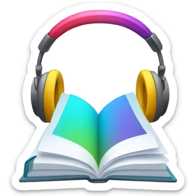 A minimalist emoji in iPhone style, showing an open book wearing over-ear headphones, with bright colors and a transparent background. sticker