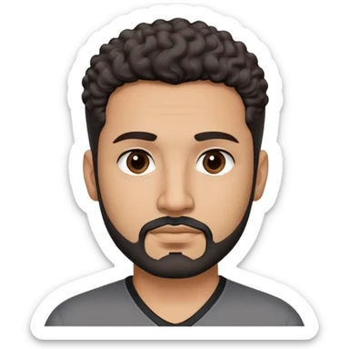 Latino man in his late 40s with light brown skin. Square face with defined jawline. Dark eyes with calm gaze. Short curly dark hair. Black goatee beard with some gray streaks. Wearing a black V-neck shirt. sticker