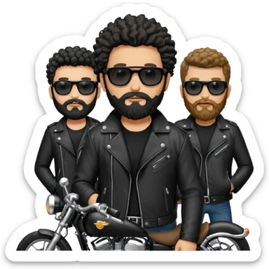 biker gang with black sunglass and rugged and bulky guy bearded curly hair black jacket sticker
