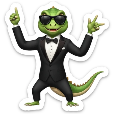 capitalist iguana banker in tuxedo and black sunglasses dancing crazy thumb up sticker