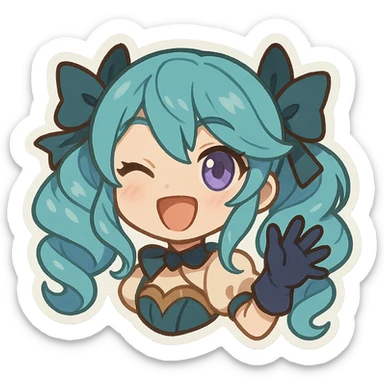 chibi style Gwen from League of Legends, only head, right eye purple, one hand waving with glove, big smile, energetic pose sticker