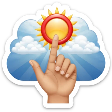 "Create an emoji representation of a hand holding other. One hand with index finger pointing up, surrounded by clouds and sun rays, with a red ring on the ring finger." sticker