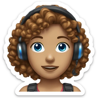 Brown curly hair blue eye Girl with gaming headset  sticker