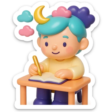 beginner author, sitting at a desk with a notebook, looking inspired and imaginative, using a color palette of soft pastel colors with accents of gold and deep purple sticker