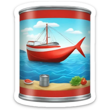 realistic can of tuna fish sowing the shape of a sailling boat on a sea background sticker