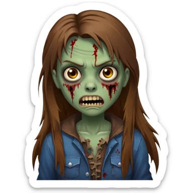 Girl zombie with brown long hair with teeth and serious face iPhone emoji sticker