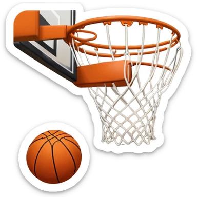 A close-up shot of a basketball entering the hoop, with the ball swishing through and inside  the net. The background features a blurred basketball court, emphasizing the perfect shot and the excitement of the game. sticker