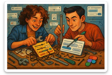 Two designers in a creative repair lab, one with curly hair and one with short dark hair, working together to fix messy old UI components. They are focused and playful, surrounded by tools like a wrench, ruler, and Figma interface elements. The scene is part chaotic, part clever, showing them transforming legacy UI into something clean and beautiful. sticker