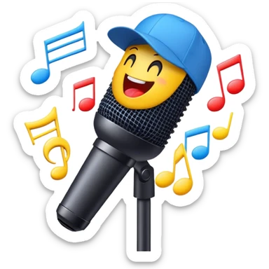 Create a dynamic and energetic emoji that represents beatboxing. The design should feature a microphone with a singing mouth and soundwaves or rhythmic beats emanating from it, symbolizing the vocal percussion and rhythm of beatboxing. Add a cap placed on top of the microphone to reflect street culture and the individuality of the performer. Include musical notes floating around to emphasize the musicality. Use bold, vibrant colors like neon blue, red, and yellow to convey energy and excitement. The background should be transparent. sticker