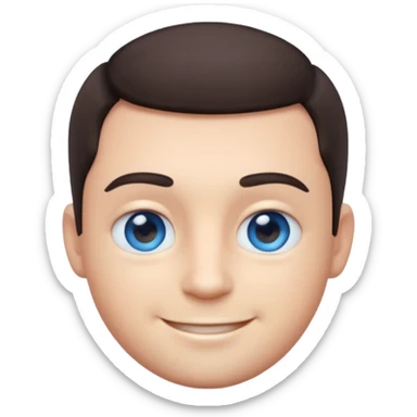 Cute 3D emoji of a smiling man with short dark hair and blue eyes, round face, simplified features, oversized glossy eyes, soft gradient shading, pastel tones, clean vector style, smooth edges, minimal background, transparent PNG, sticker icon sticker