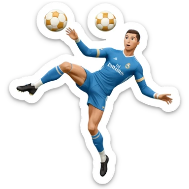 Ronaldo doing a bicycle kick with football in mid air While wearing a Retro blue Real madrid kit and yes i want it to be exactly the same as he Scored it in 2018 vs Juventus  sticker