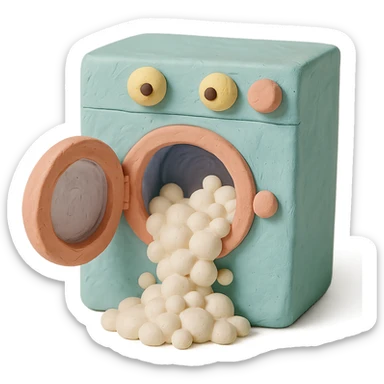 playful washing machine in claymation style with bubbly soap and open door, pastel colors sticker