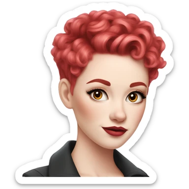 Woman with very pale skin, with bright red pixie cut curly hair, heavy eye makeup, cat eyeliner, long eyelashes, bright pink blush and bright pink lipstick  sticker