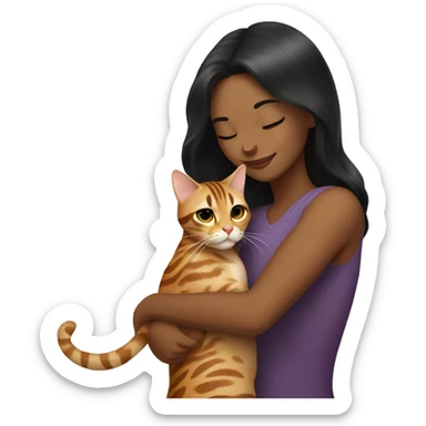 Beautiful black-haired woman hug a Bengal cat sticker