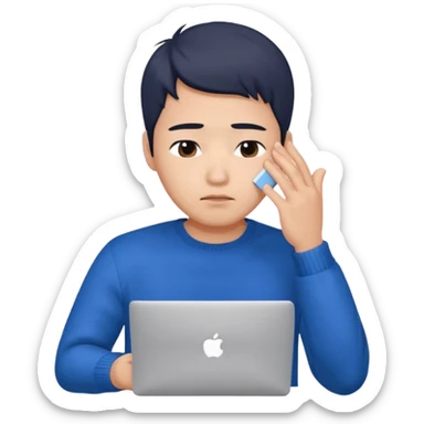 a asian handsome guy wearing a blue knit with white shirt, facepalming with only one hand, with a macbook, only upper body, high quality. more natural sticker