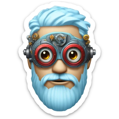 Short light blue haired male cyborg head with light blue beard, red steampunk goggles and circuits sticker