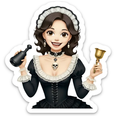 Linear monochrome oil painting. Oil painting with rough, impressionistic brushstrokes and dramatic chiaroscuro lighting techniques on textured canvas. ​(A stunning and vibrant oil painting that is captivating. The artist's expressive brushwork fills the scene with movement and energy, showcasing the impasto technique. The painting's vibrant palette and impasto technique create a cinematic atmosphere).
vdsur, surreal, high contrast, best quality, hires,
incredibly beautiful woman, deep depraved neckline, depraved slits on the dress, victorian, black dress, long sleeves, white frills, lace, holding skull, theater, stage, headless, cowbell choker, theme, 1other, goblin, pointing at another, laughing,
window \(computing\), math
 sticker