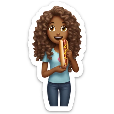 A girl with long curly hair eating hot dog sticker