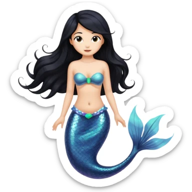 Mermaid with black hair and black and brown tail. Long hair covering chest. sticker